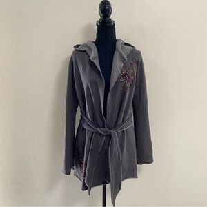 Caite cardigan Women’s Size medium Gray Embroidered Hooded Cardigan waist tie